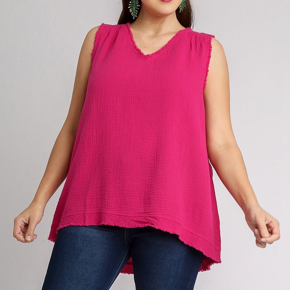 Umgee Magenta Sleeveless V-Neck Frayed Top Slub Cotton Women's Size Small Summer
